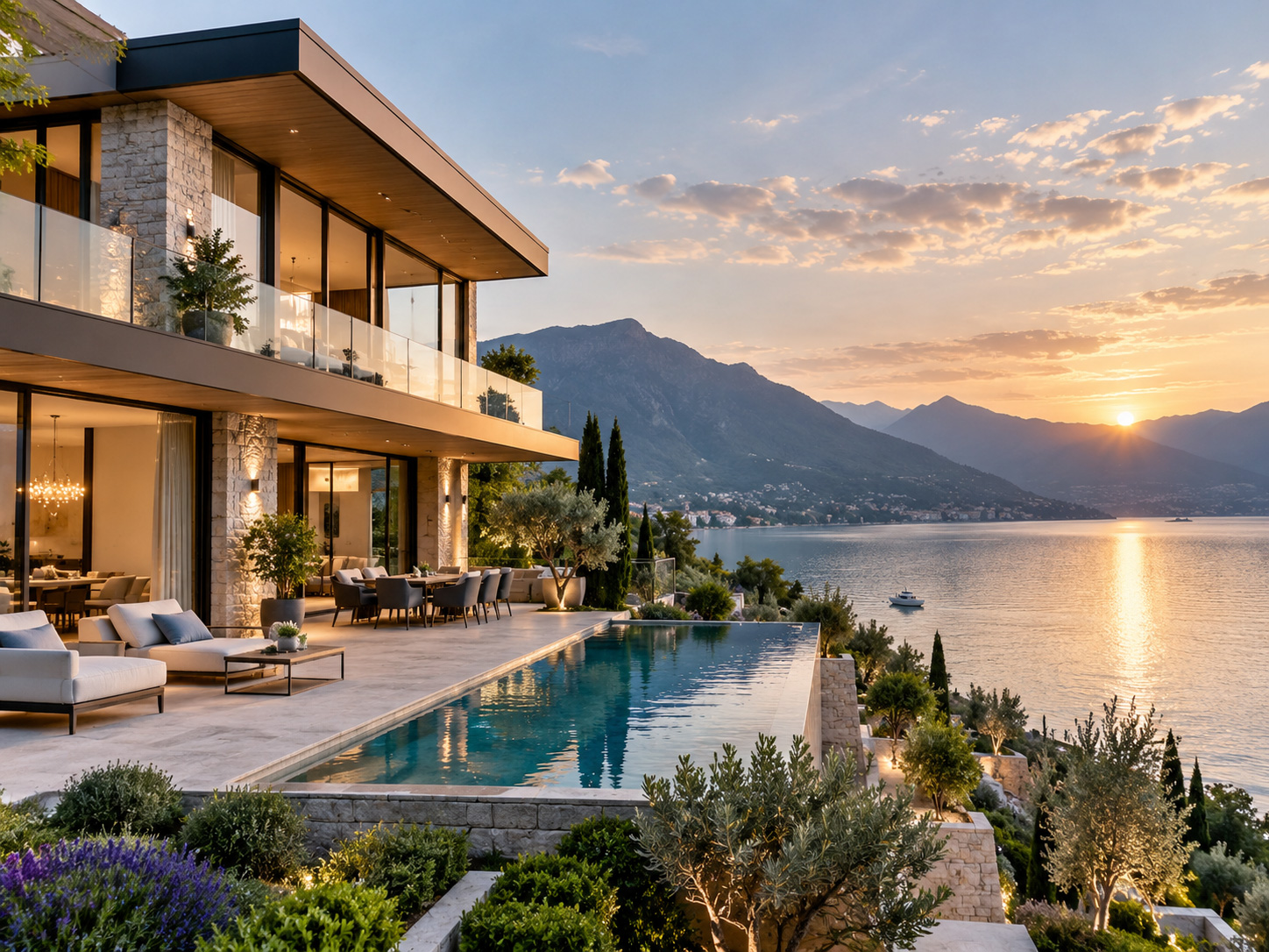 Villa mit Infinity-Pool am See bei Sonnenuntergang